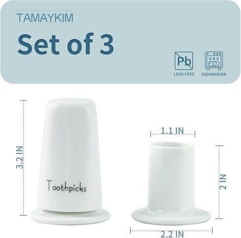 TAMAYKIM Set of 3 Porcelain Toothpicks Holder with Cover, Tooth-pick Jar, Ceramic Tooth-picks Dispenser, Toothpicks Container Organizer for Home, Restaurant (White) in Kuwait