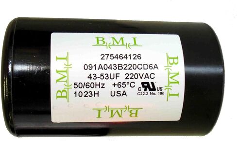 43-53 MFD (uF) Motor Start Capacitor, replacement for Franklin 275464126, 2801034915, CRC 2824055015 and Tuhorse TCB07M230, TCB10M230. Made in USA by BMI for Tuhorse in Kuwait