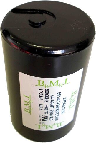 43-53 MFD (uF) Motor Start Capacitor, replacement for Franklin 275464126, 2801034915, CRC 2824055015 and Tuhorse TCB07M230, TCB10M230. Made in USA by BMI for Tuhorse in Kuwait