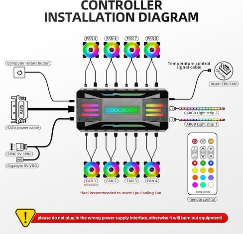 AmaCielo مروحة التحكم في درجة الحرارة PWM الكمبيوتر التحكم في درجة الحرارة التحكم في السرعة التحكم عن بعد لاسلكي RGB محور الكمبيوتر محول الضوء، 8 التحكم في درجة الحرارة 4pin المنافذ، 5V ARGB مزامنة التكامل in Kuwait
