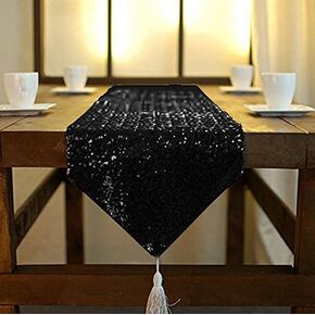 ShinyBeauty Table Runner 48 Inches Long Sequin Black Table Runner Small Sparkle Tassels Table Runners Dining Table Runners Wedding Decor Sequence Linen Fabric Sequins Table Overlay for Birthday Party in Saudi Arabia