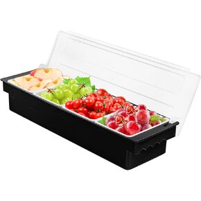 FEOOWV Fruit Veggie Condiment Caddy with Lid, 3 Compartment Plastic Dispenser Tray for Catering Dips Toppings, Serving Taco, Ice Cream, Fruit, & Salad Bar Garnish Organizer for Restaurant Supplies