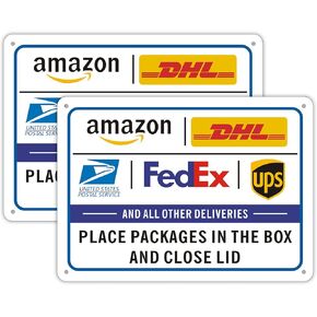 Clotide 2 Pack Package Delivery Sign تعليمات التسليم لـ FedEx Amazon UPS USPS DHL Sign، 10 "× 14" ألومنيوم خالٍ من الصدأ، سهل التركيب للاستخدام الداخلي أو الخارجي، حبر مقاوم للماء ومتين in Kuwait