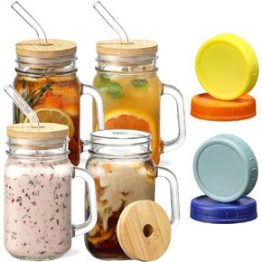 Mason Jars with Handle, Glass Mugs with Glass Straws and Bamboo Lids & Colorful Airtight Lids 4pcs Set, 16oz Drinking Glass Cups, Travel Tumbler for Iced Coffee, Smoothie, Overnight Oats Containers