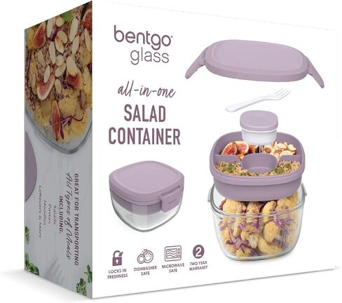 حاوية سلطة زجاجية الكل في واحد من Bentgo® - وعاء سلطة كبير سعة 61 أونصة، وصينية على شكل بينتو مكونة من 4 أقسام للطبقة، وحاوية صلصة سعة 3 أونصة للضمادات، وشوكة مدمجة قابلة لإعادة الاستخدام (لافندر) in Kuwait