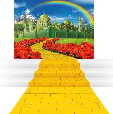Remagr 2 Pcs Yellow Brick Road Runner and Emerald Castle Backdrop Removable Yellow Brick Road Floor Runner Leading into Floral in Saudi Arabia