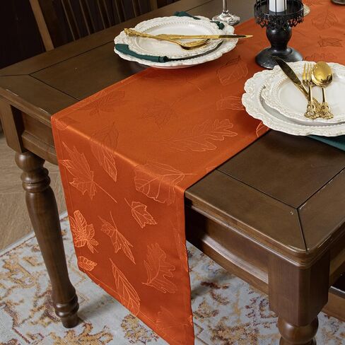 مفرش طاولة من Joyfol Day Jacquard Fall Table Runner، مفارش طاولة الخريف والريف مابل ليف عيد الشكر، مقاومة للماء للمطبخ وتناول الطعام وديكور سطح الطاولة (14 × 72 بوصة، صدأ/برتقالي محروق) in Kuwait