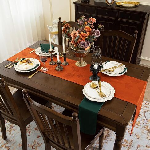 مفرش طاولة من Joyfol Day Jacquard Fall Table Runner، مفارش طاولة الخريف والريف مابل ليف عيد الشكر، مقاومة للماء للمطبخ وتناول الطعام وديكور سطح الطاولة (14 × 72 بوصة، صدأ/برتقالي محروق) in Kuwait