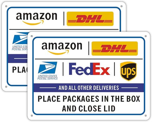 Clotide 2 Pack Package Delivery Sign تعليمات التسليم لـ FedEx Amazon UPS USPS DHL Sign، 10 "× 14" ألومنيوم خالٍ من الصدأ، سهل التركيب للاستخدام الداخلي أو الخارجي، حبر مقاوم للماء ومتين in Kuwait