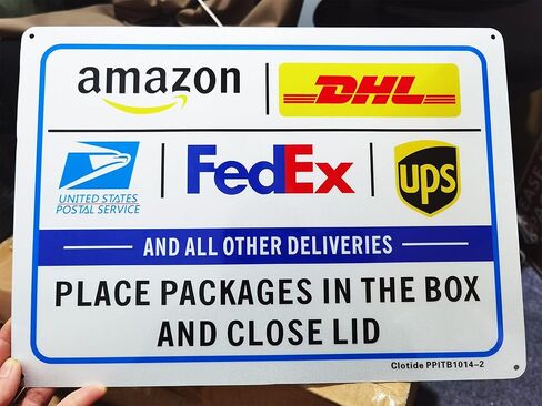 Clotide 2 Pack Package Delivery Sign تعليمات التسليم لـ FedEx Amazon UPS USPS DHL Sign، 10 "× 14" ألومنيوم خالٍ من الصدأ، سهل التركيب للاستخدام الداخلي أو الخارجي، حبر مقاوم للماء ومتين in Kuwait