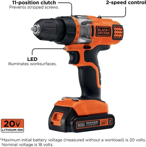 BLACK+DECKER LDX220C 20V MAX 2-Speed Cordless Drill Driver (Includes Battery and Charger) with BLACK+DECKER BDA42SD 42-Piece Standard Screwdriver Bit Set in Saudi Arabia