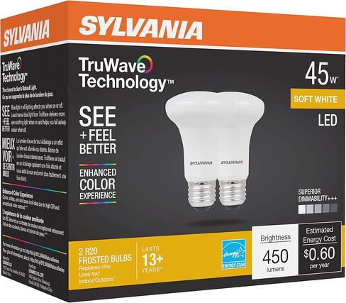 لمبة LEDVANCE Sylvania LED TruWave Natural Series R20، كفاءة مكافئة 50 وات 5 وات، قابلة للتعتيم، بلوري، 2700 ك، أبيض ناعم - عبوتان (40788) in Saudi Arabia