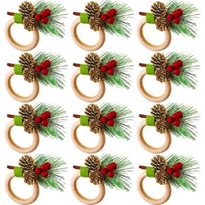 12 Pieces Christmas Napkin Rings Holder Pine Cones Poinsettia Pumpkin Wooden Napkin Rings Decor for Christmas Thanksgiving Birthday Party Supplies (Classic Pine Cone Style)