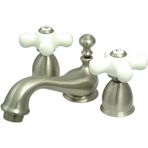 Kingston Brass KS3958PX Restoration Mini Widespread Lavatory Faucet with Porcelain Cross Handle, Satin Nickel, 4-Inch Adjustable Center