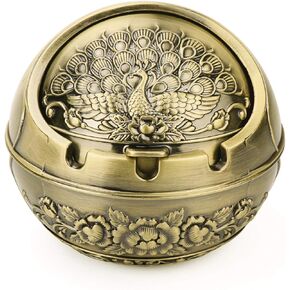 Vintage Decorative Windproof Ashtray with Lid for Cigarettes Metal Portable Cigar Ashtray Odor Eliminator Indoor outdoor Hand Carved Fancy Gift Ornament for Men Women Home Office(Peacock-Bronze) in Saudi Arabia