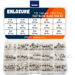 ENLOZURE 150 قطعة 15 قيمة مجموعة متنوعة من الصمامات الزجاجية سريعة النفخ 250 فولت 5x20 مم 0.1A، 0.2A، 0.5A، ​​1A، 2A، 3A، 4A، 5A، 6A، 8A، 10A، 15A، 20A، 25A، 30A in Kuwait