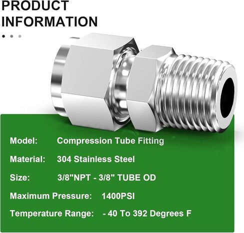 TAISHER 2PCS 304 Stainless Steel Compression Tube Pipe Fitting Connector, 3/8" Tube OD x 3/8" NPT Male Straight Adapter in Saudi Arabia