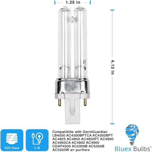 2 حزمة LB4000 استبدال لمبة للجراثيم الجارديان AC4825 AC4850PT AC4300BPTCA AC4300BPT AC4850 AC4900 AC4900CA AC4800 AC4900 أجهزة تنقية استبدال 5W UV-C لمبة (2 حزم) in Saudi Arabia
