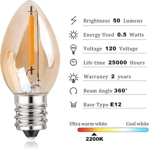 C7 LED E12 لمبة الشمعدانات الصغيرة اديسون شمعة ضوء الليل لمبات مصباح الملح 0.5 واط ما يعادل 5 واط 7 واط أبيض دافئ 2700 كيلو لمبات واضحة للثريا ضوء عيد الميلاد 50 لومن غير قابل للتعتيم (حزمة من 2) in Kuwait