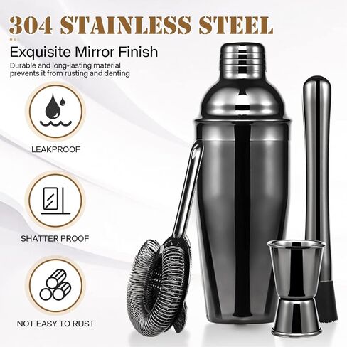 بورسيزم مجموعة شيكر كوكتيل منزلية مكونة من 11 قطعة مع بطاقات وصفات الكوكتيل، ادوات بار من الستانلس ستيل مع حامل، يمكن وضعها في المنزل لصنع المشروبات المختلطة والكوكتيلات المختلفة in Kuwait