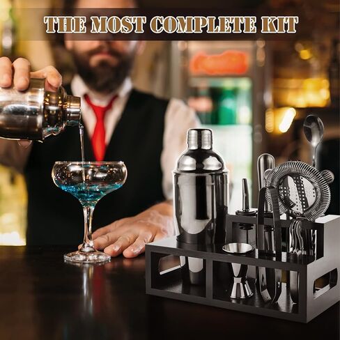 بورسيزم مجموعة شيكر كوكتيل منزلية مكونة من 11 قطعة مع بطاقات وصفات الكوكتيل، ادوات بار من الستانلس ستيل مع حامل، يمكن وضعها في المنزل لصنع المشروبات المختلطة والكوكتيلات المختلفة in Kuwait