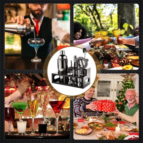 بورسيزم مجموعة شيكر كوكتيل منزلية مكونة من 11 قطعة مع بطاقات وصفات الكوكتيل، ادوات بار من الستانلس ستيل مع حامل، يمكن وضعها في المنزل لصنع المشروبات المختلطة والكوكتيلات المختلفة in Kuwait