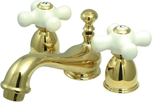 Kingston Brass KS3958PX Restoration Mini Widespread Lavatory Faucet with Porcelain Cross Handle, Satin Nickel, 4-Inch Adjustable Center in Kuwait