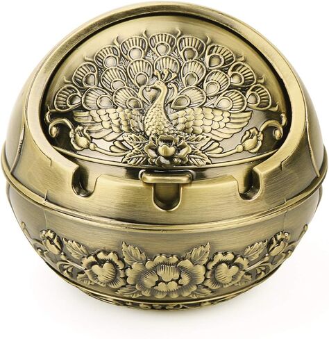 Vintage Decorative Windproof Ashtray with Lid for Cigarettes Metal Portable Cigar Ashtray Odor Eliminator Indoor outdoor Hand Carved Fancy Gift Ornament for Men Women Home Office(Peacock-Bronze) in Kuwait