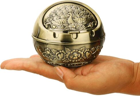 Vintage Decorative Windproof Ashtray with Lid for Cigarettes Metal Portable Cigar Ashtray Odor Eliminator Indoor outdoor Hand Carved Fancy Gift Ornament for Men Women Home Office(Peacock-Bronze) in Kuwait