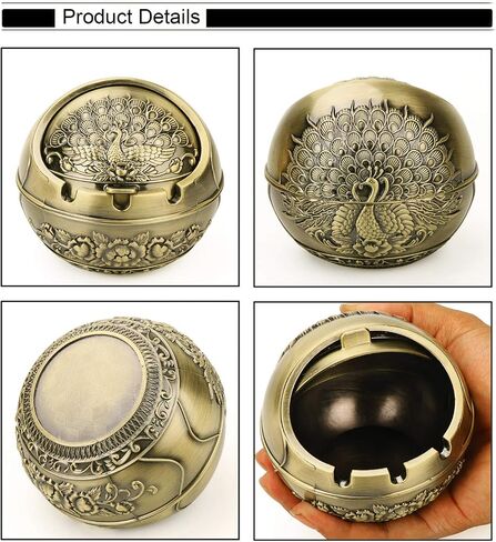Vintage Decorative Windproof Ashtray with Lid for Cigarettes Metal Portable Cigar Ashtray Odor Eliminator Indoor outdoor Hand Carved Fancy Gift Ornament for Men Women Home Office(Peacock-Bronze) in Kuwait