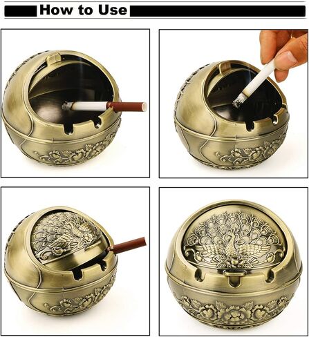 Vintage Decorative Windproof Ashtray with Lid for Cigarettes Metal Portable Cigar Ashtray Odor Eliminator Indoor outdoor Hand Carved Fancy Gift Ornament for Men Women Home Office(Peacock-Bronze) in Kuwait