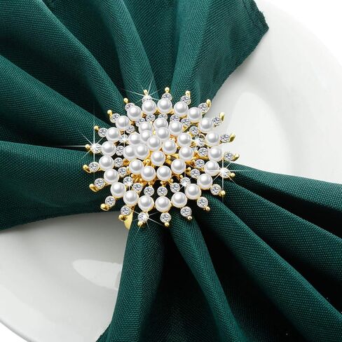 Patelai 8 Pcs Pearl Napkin Rings Flower Rhinestone Napkin Holder Metal Christmas Napkin Rings Set for Xmas Holiday Birthday Party Dinner Table Decoration in Kuwait