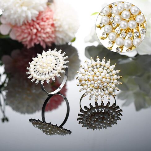 Patelai 8 Pcs Pearl Napkin Rings Flower Rhinestone Napkin Holder Metal Christmas Napkin Rings Set for Xmas Holiday Birthday Party Dinner Table Decoration in Kuwait