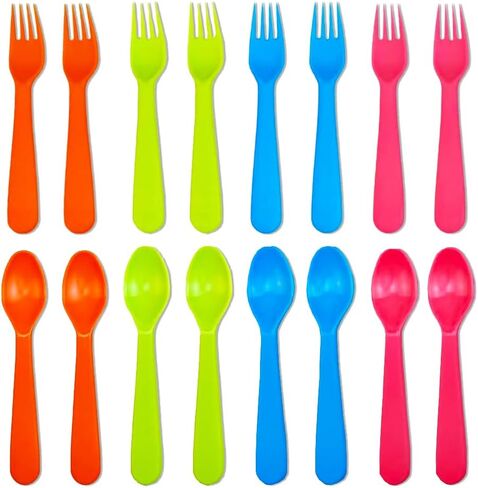Jawbush 16 Pcs Kids Utensils, Plastic Kids Forks and Spoons, Reusable Toddler Utensils, Durable Flatware Set for Lunch Box, Easy to Use, BPA Free in Saudi Arabia