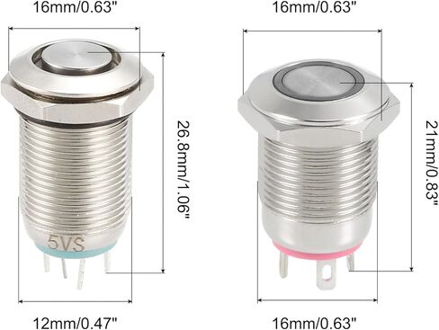 MECCANIXITY مفتاح زر ضغط معدني 12 مم 1NO 5V ضوء LED أزرق ومفتاح ضغط معدني مؤقت 12 مم 2A 1NO 3-6VAC/DC ضوء LED أحمر مجموعة واحدة in Kuwait