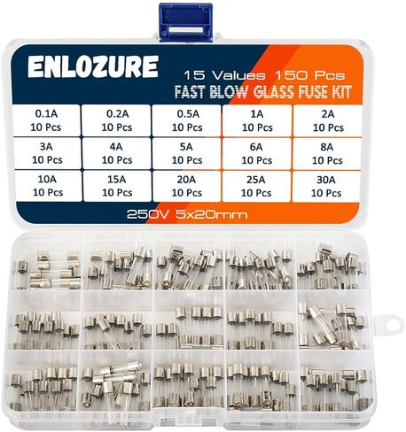 ENLOZURE 150 قطعة 15 قيمة مجموعة متنوعة من الصمامات الزجاجية سريعة النفخ 250 فولت 5x20 مم 0.1A، 0.2A، 0.5A، ​​1A، 2A، 3A، 4A، 5A، 6A، 8A، 10A، 15A، 20A، 25A، 30A in Kuwait