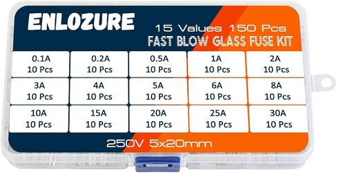 ENLOZURE 150 قطعة 15 قيمة مجموعة متنوعة من الصمامات الزجاجية سريعة النفخ 250 فولت 5x20 مم 0.1A، 0.2A، 0.5A، ​​1A، 2A، 3A، 4A، 5A، 6A، 8A، 10A، 15A، 20A، 25A، 30A in Kuwait