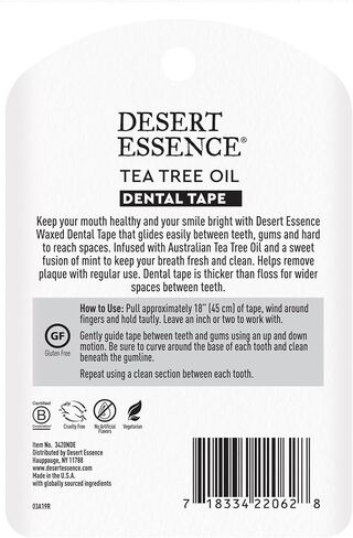 شريط أسنان بزيت شجرة الشاي من Desert Essence - 30 ياردة - عبوة من 6 قطع - مشمع طبيعي مع شمع العسل - خيط تنظيف سميك بدون شريط تمزيق - أثناء التنقل - يزيل تراكم بقايا الطعام - مطهر لم يتم الإساءة إلى الحيوانات لتصنيعه in Kuwait