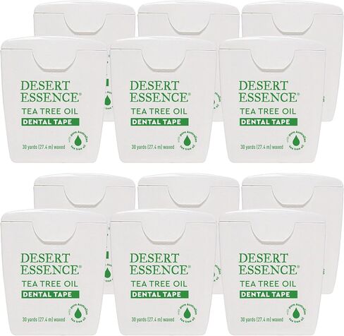 شريط أسنان بزيت شجرة الشاي من Desert Essence - 30 ياردة - عبوة من 6 قطع - مشمع طبيعي مع شمع العسل - خيط تنظيف سميك بدون شريط تمزيق - أثناء التنقل - يزيل تراكم بقايا الطعام - مطهر لم يتم الإساءة إلى الحيوانات لتصنيعه in Kuwait
