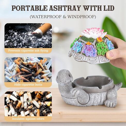 منفضة سجائر سكوتي المحمولة مع غطاء من الراتنج في الهواء الطلق منفضة سجائر مقاومة للماء، ديكور سلحفاة لطيف، منفضة سجائر بدون دخان، مكتب منزلي، فناء حديقة، شرفة، ديكور داخلي خارجي، منفضة سجائر سجائر in Kuwait