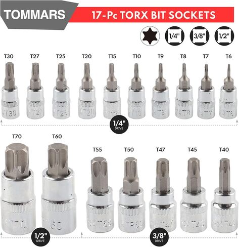 TOMMARS 60-Pc Master Torx Bit Socket and External Socket Set 1/4", 3/8", 1/2" Drive, S2 Steel Bits, CRV Sockets E4-E24, T6-T70,TT6-TT70,TP8-TP60 in Kuwait