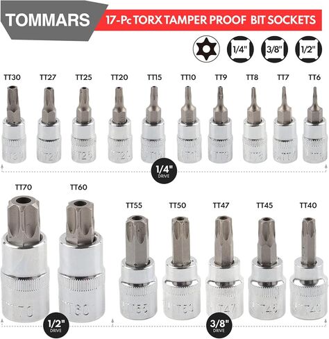 TOMMARS 60-Pc Master Torx Bit Socket and External Socket Set 1/4", 3/8", 1/2" Drive, S2 Steel Bits, CRV Sockets E4-E24, T6-T70,TT6-TT70,TP8-TP60 in Kuwait