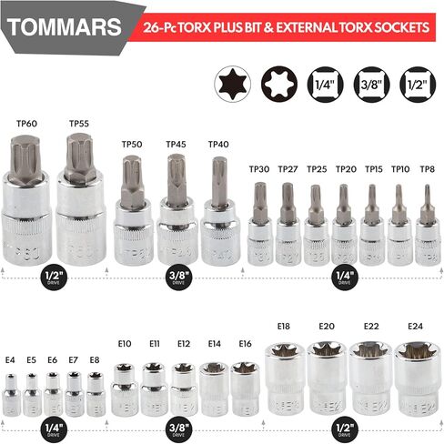 TOMMARS 60-Pc Master Torx Bit Socket and External Socket Set 1/4", 3/8", 1/2" Drive, S2 Steel Bits, CRV Sockets E4-E24, T6-T70,TT6-TT70,TP8-TP60 in Kuwait