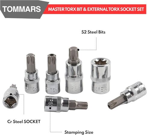 TOMMARS 60-Pc Master Torx Bit Socket and External Socket Set 1/4", 3/8", 1/2" Drive, S2 Steel Bits, CRV Sockets E4-E24, T6-T70,TT6-TT70,TP8-TP60 in Kuwait