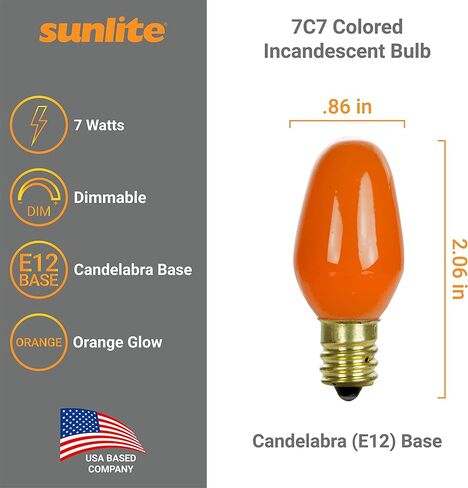 لمبة متوهجة Sunlite 01059 7C7، 7 وات، قاعدة شمعدان E12، ضوء ليلي صغير C7، لمبة ملونة، أبيض، 12 قطعة in Kuwait