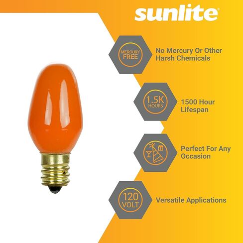 لمبة متوهجة Sunlite 01059 7C7، 7 وات، قاعدة شمعدان E12، ضوء ليلي صغير C7، لمبة ملونة، أبيض، 12 قطعة in Kuwait