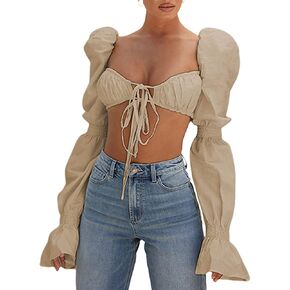 Remidoo Women's Sexy Self Tie Front Ruched Puff Long Sleeve Crop Top Blouse in Kuwait
