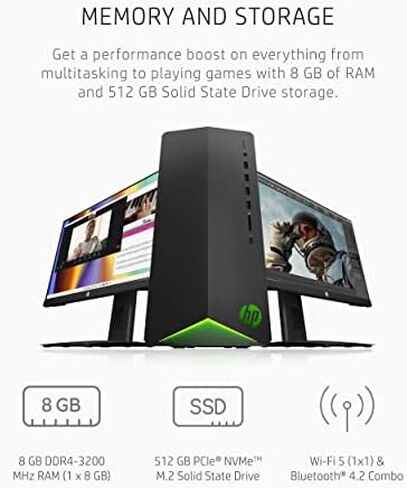 كمبيوتر مكتبي HP Pavilion للألعاب، معالج AMD Ryzen 7 5700G، رسومات NVIDIA GeForce RTX 2060، ذاكرة الوصول العشوائي 16 جيجابايت، 1 تيرابايت SSD، Windows 11 Pro (TG01-2460، ظل أسود) in Kuwait