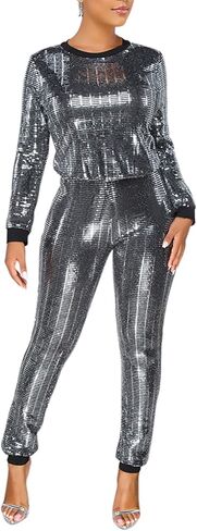 2 Piece Night Clubwear Outfits for Women Long Sleeve Top and Metallic Shiny Pants Glitter Clubwear in Kuwait