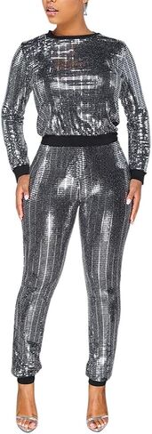 2 Piece Night Clubwear Outfits for Women Long Sleeve Top and Metallic Shiny Pants Glitter Clubwear in Kuwait